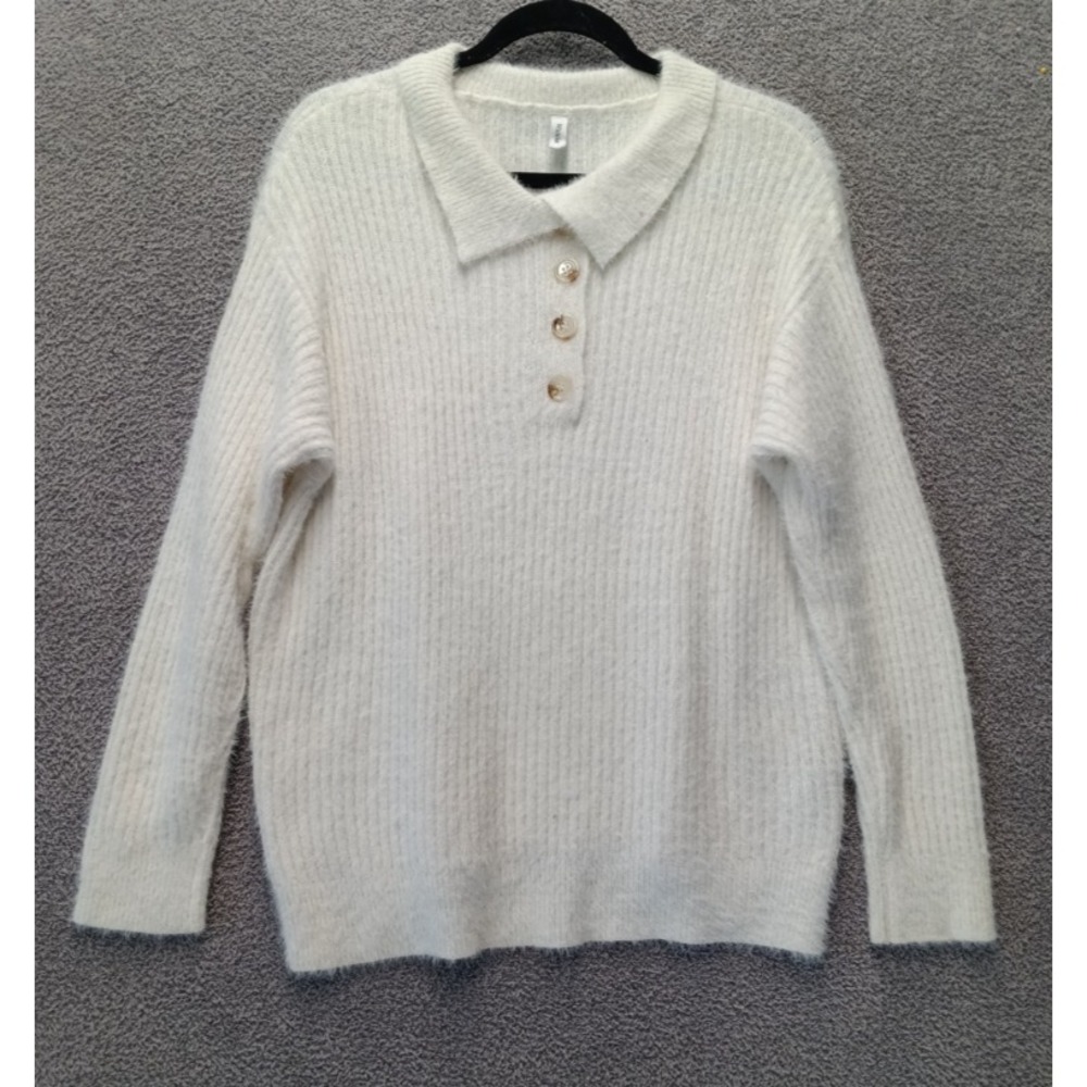Wishlist Y2K Inspired Fuzzy Ribbed Polo‎ Sweater White Women's M/L